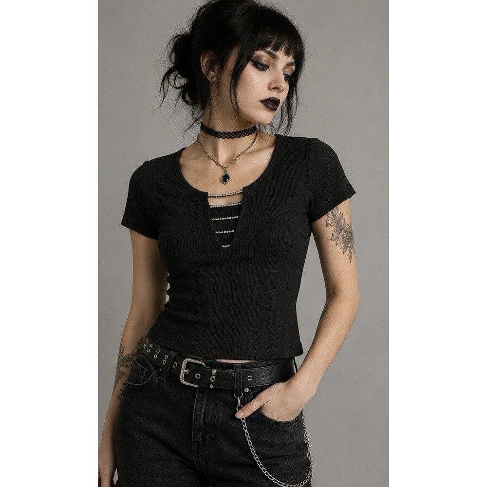 NWT Faded Rose Black Rib Knit Top Club Goth Embellished Cutout Neck Womens Large